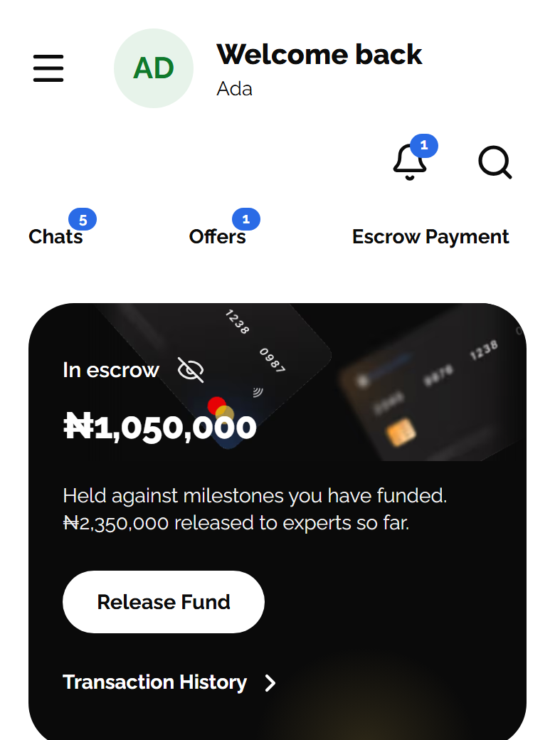 Researchor client dashboard with escrow balance, overview and active projects