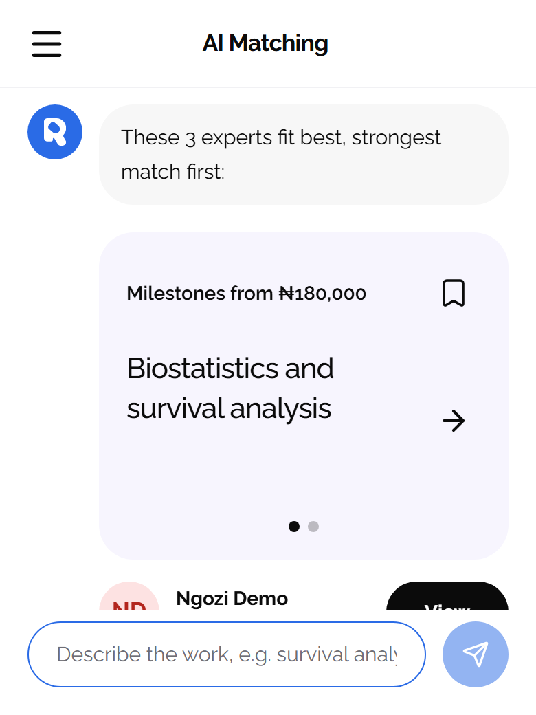 Researchor expert matching: the client describes a project and gets a suggested expert
